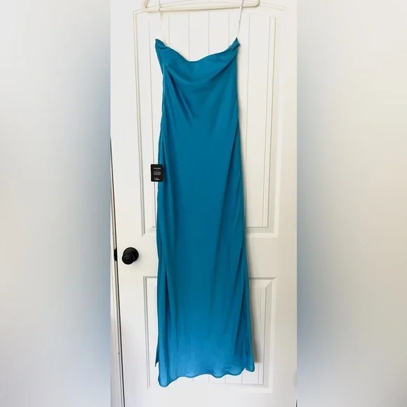 NWT Lulus Exquisite Excellence Turquoise Satin Strapless Maxi Dress - Picture 6 of 11